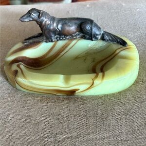 Akro Agate Green and Brown Slag Glass Ashtray with Bronze Dog